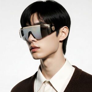 New Versace™ VE2197 Shield Sunglasses – Gold Frame / Grey Mirror Lenses